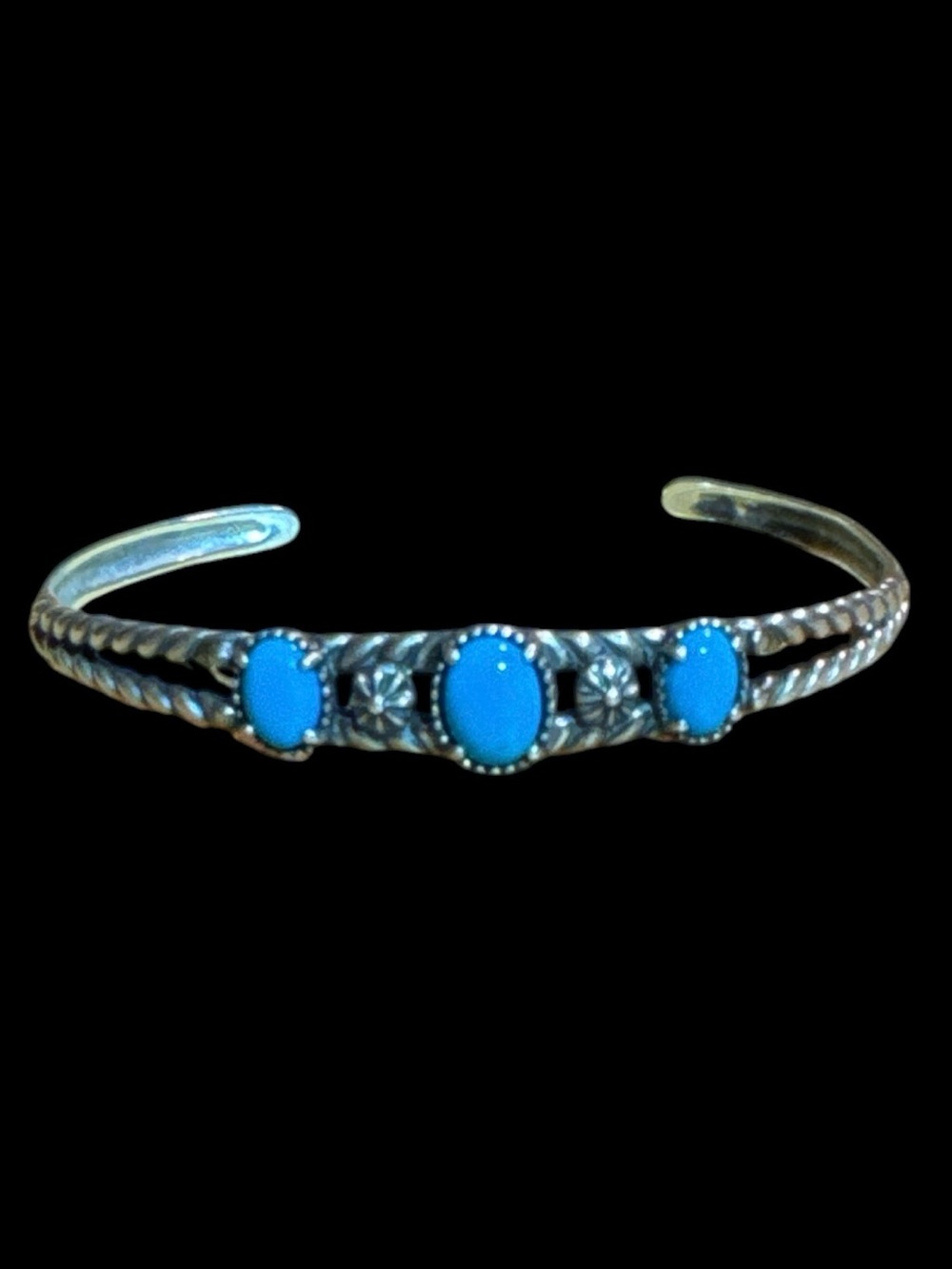 Southwestern Three Turquoise Cabochons 925 Twisted Wire Cuff Bracelet Used